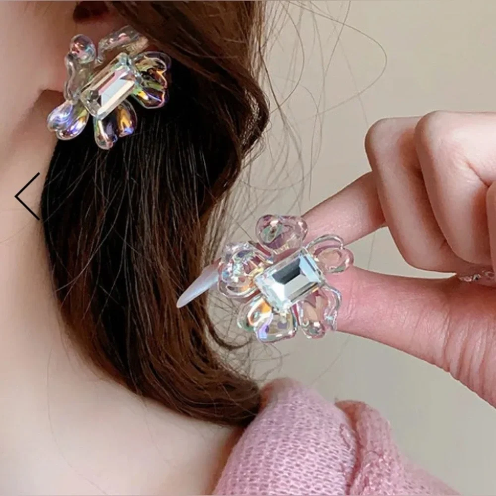 Iridescent Flower Crystal Stud Earrings For Women - Picture 1 of 2